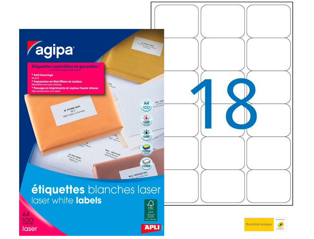 TIQUETTE ADHSIVE APLI AGIPA IMPRIMANTE LASER COPIEUR 63.5X46.6MM COINS ARRONDIS BOTE 1800 UNITS
