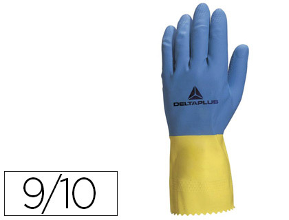 GANT MNAGE DELTAPLUS LATEX FLOQU LONGUEUR 30CM PAISSEUR 0.60MM COLORIS BLEU/JAUNE TAILLE 9/10 PAIRE