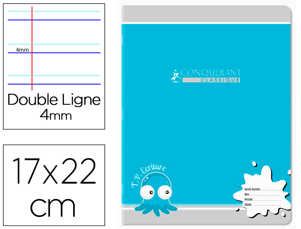 CAHIER TRAVAUX PRATIQUES CONQUERANT AGRAFE COUVERTURE  CARTE 17X22CM 32 PAGES UNIES  DOUBLE LIGNE 4MM 90G