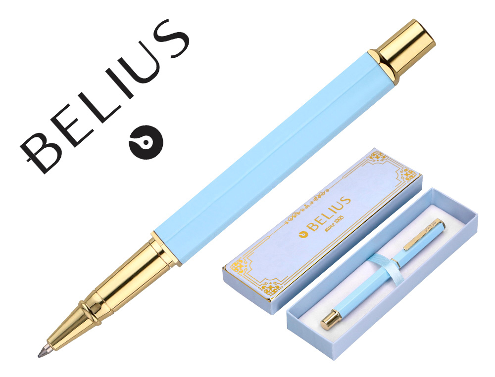 STYLO-BILLE BELIUS MACARON BLISS HEXAGONAL ALUMINIUM DETAILS ET ATTRIBUTS OR ENCRE BLEUE COLORIS BLEU COFFRET CADEAU