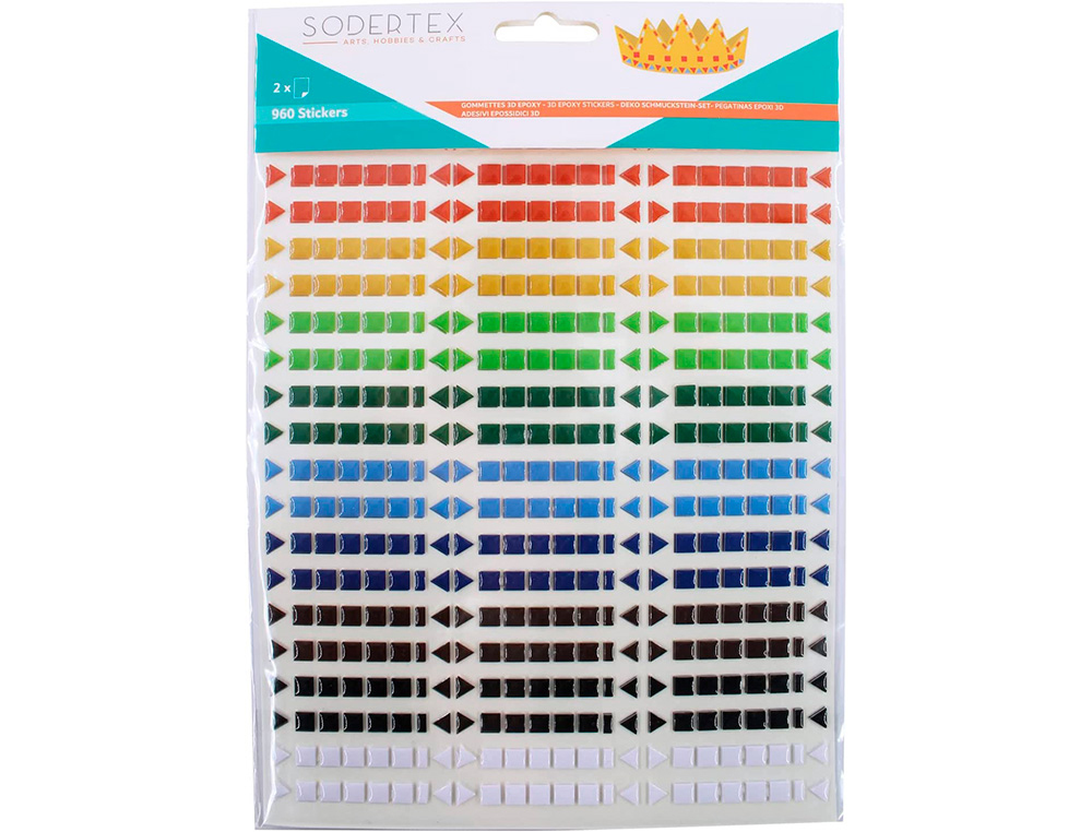 PACK DE 960 GOMMETTES SODERTEX 3D EPOXY FORMES      GEOMETRIQUES - 17 X 22 CM - 2 PLANCHES - COLORIS ASSORTIS