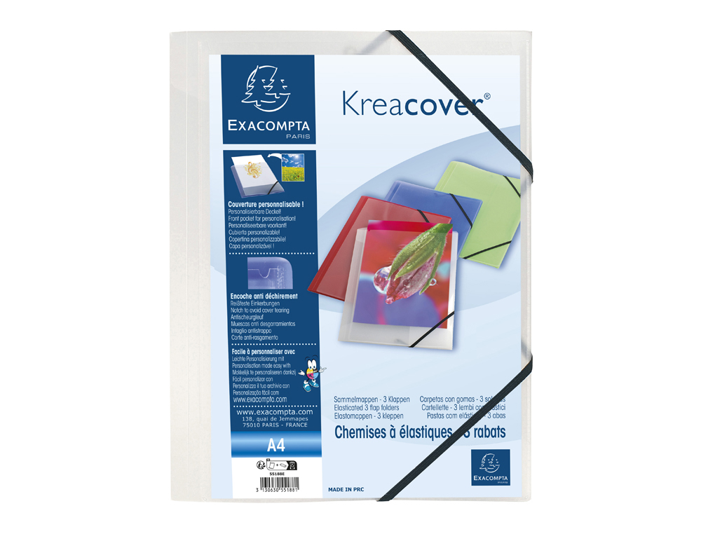 CHEMISE 3 RABATS EXACOMPTA KREA COVER A4 COUVERTURE      PERSONNALISABLE PP            TRANSPARENT COLORIS BLANC