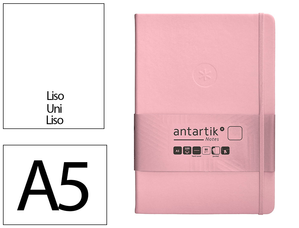 CARNET A5 ANTARTIK NOTES PAPIER UNI IVOIRE COUVERTURE  RIGIDE FERMETURE ELASTIQUE 200PAGES 80GR COLORIS ROSE PASTEL