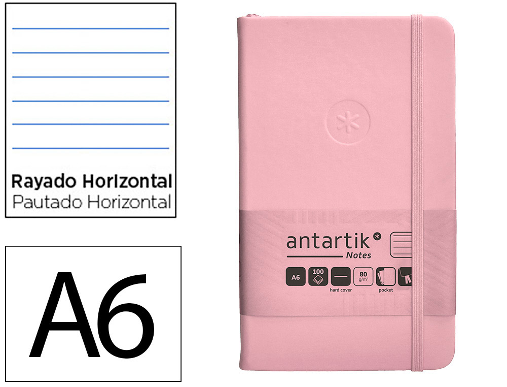 CARNET A6 ANTARTIK NOTES LIGNECOUVERTURE RIGIDE FERMETURE   ELASTIQUE 200 PAGES 80GR      COLORIS ROSE PASTEL