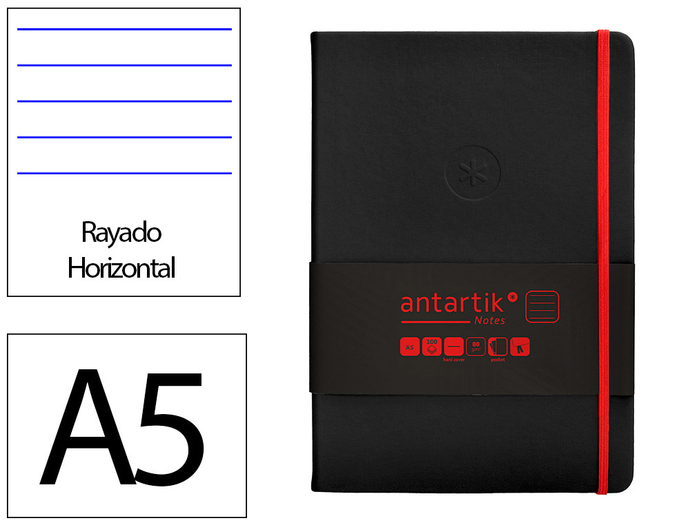 CARNET A5 ANTARTIK NOTES LIGNECOUVERTURE RIGIDE FERMETURE   ELASTIQUE ROUGE 200 PAGES 80GRCOLORIS NOIR