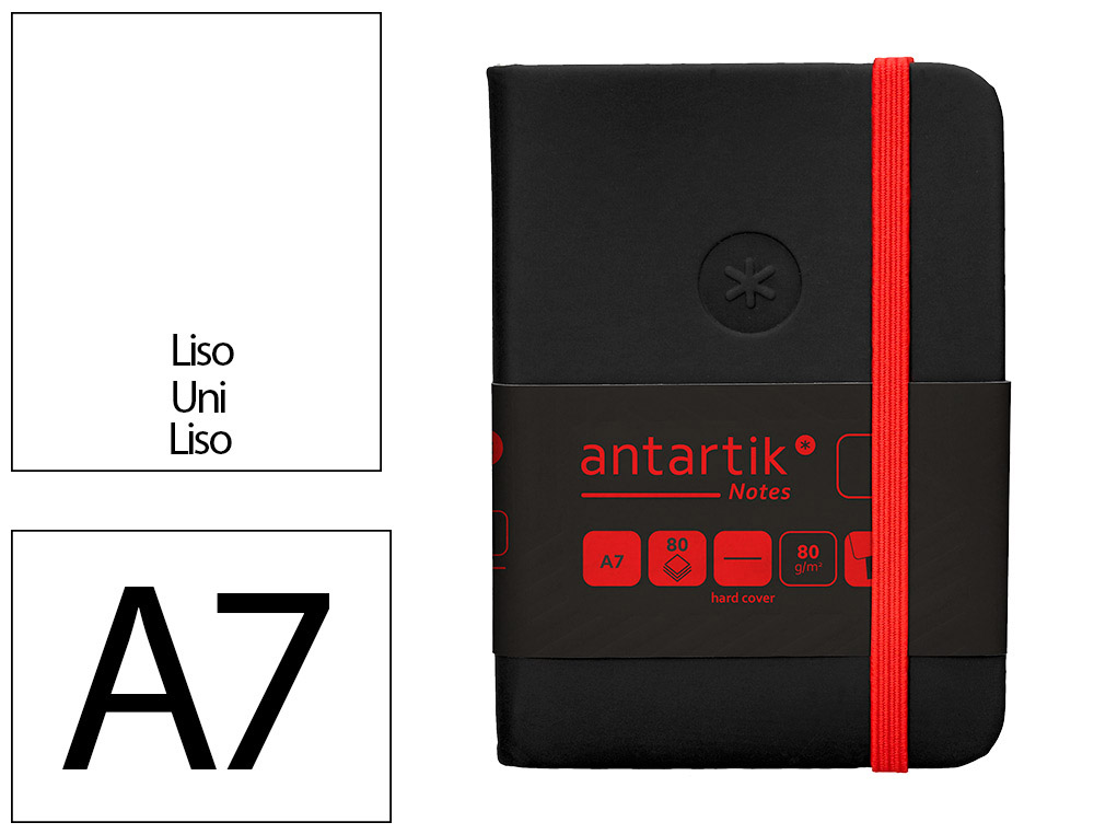 CARNET A7 ANTARTIK NOTES PAPIER UNI IVOIRE COUVERTURE RIGIDE FERMETURE ELASTIQUE ROUGE 80  PAGES 80GR COLORIS NOIR