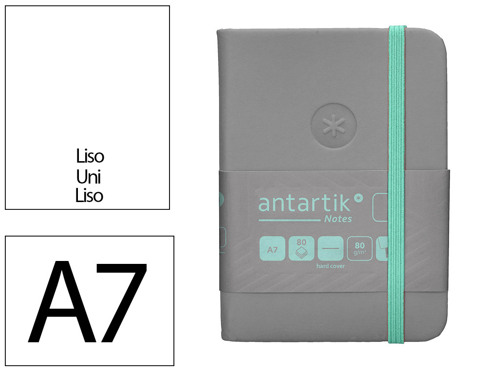CARNET A7 ANTARTIK NOTES PAPIER UNI IVOIRE COUVERTURE RIGIDE FERMETURE ELASTIQUE TURQUOISE 80 PAGES 80GR COLORIS GRIS
