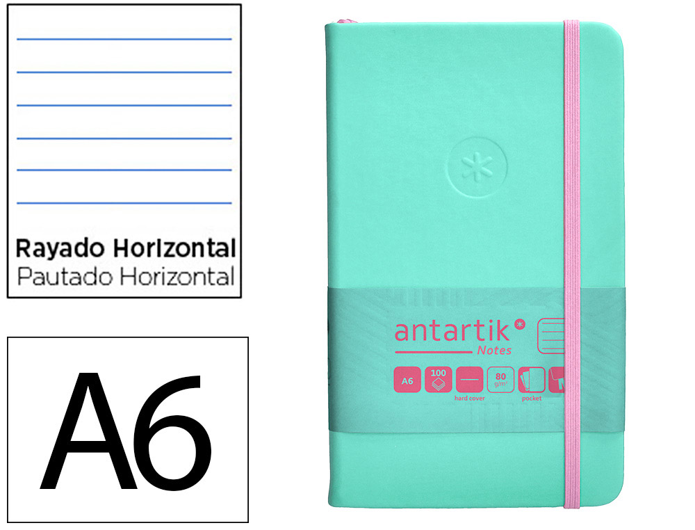 CARNET A6 ANTARTIK NOTES LIGNECOUVERTURE RIGIDE FERMETURE   ELASTIQUE ROSE 200 PAGES 80GR COLORIS TURQUOISE