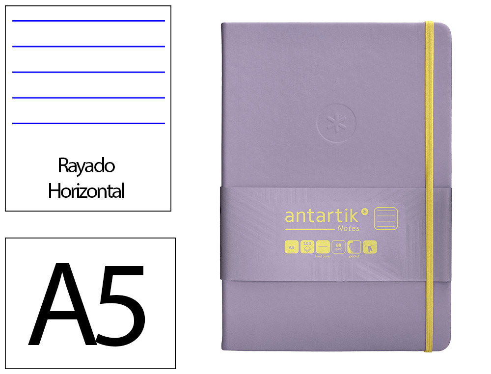 CARNET A5 ANTARTIK NOTES LIGNECOUVERTURE RIGIDE FERMETURE   ELASTIQUE JAUNE 200 PAGES 80GRCOLORIS LILAS