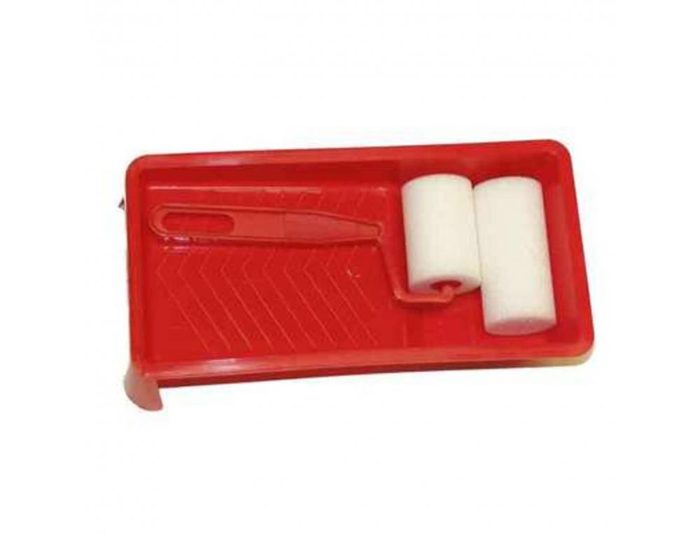 SET ROULEAU A PEINDRE MANCHE PLASTIQUE AVEC 2 MANCHONS 45  ET 70 MM ET 1 BAC A PEINDRE   22X11 CM
