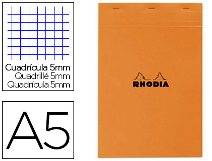 BLOC BUREAU RHODIA A5 PAPIER VÉLIN SURFIN COUVERTURE ENDUITE ENVELOPPANTE 148X210MM 80F DÉTACHABLES 80G 5X5MM ORANGE