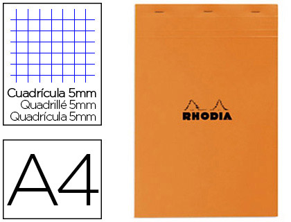 BLOC BUREAU RHODIA A4 PAPIER VLIN SURFIN COUVERTURE ENDUITE ENVELOPPANTE 210X297MM 80F DTACHABLES 80G 5X5MM ORANGE