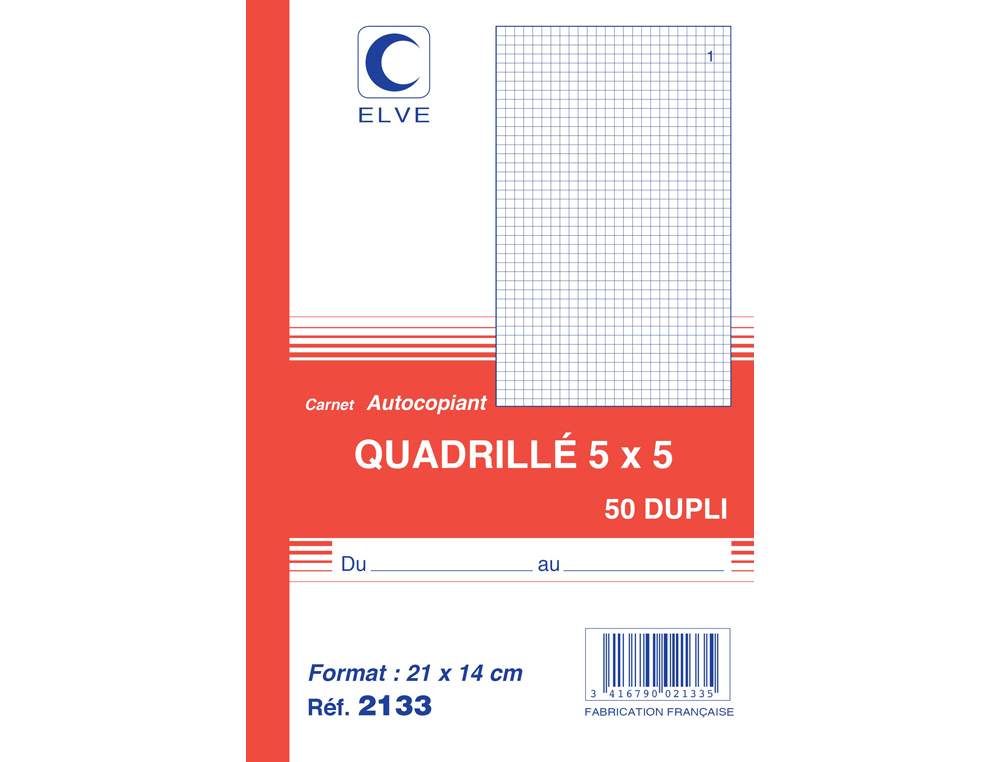 MANIFOLD AUTOCOPIANT ELVE 140X210MM QUADRILLÉ 5X5 FOLIOTAGE 50 DUPLIS