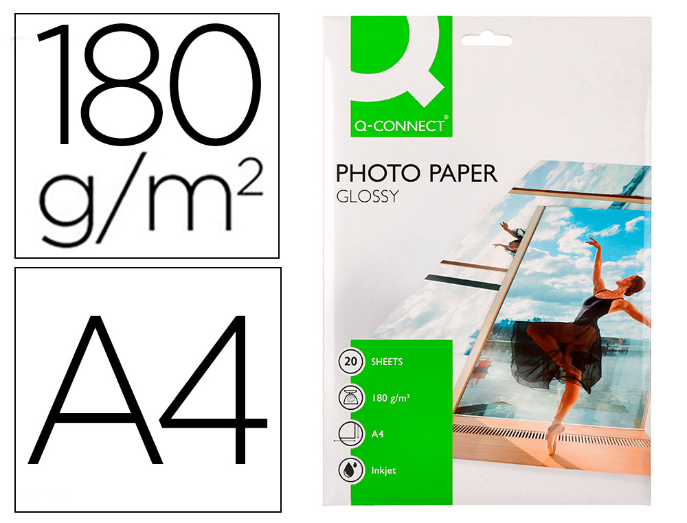 PAPIER PHOTO Q-CONNECT JET D'ENCRE GLACÉ BRILLANT A4 18     0G/M2 COMPATIBLE TOUTE IMPRIMANTE PAQUET 20 FEUILLES