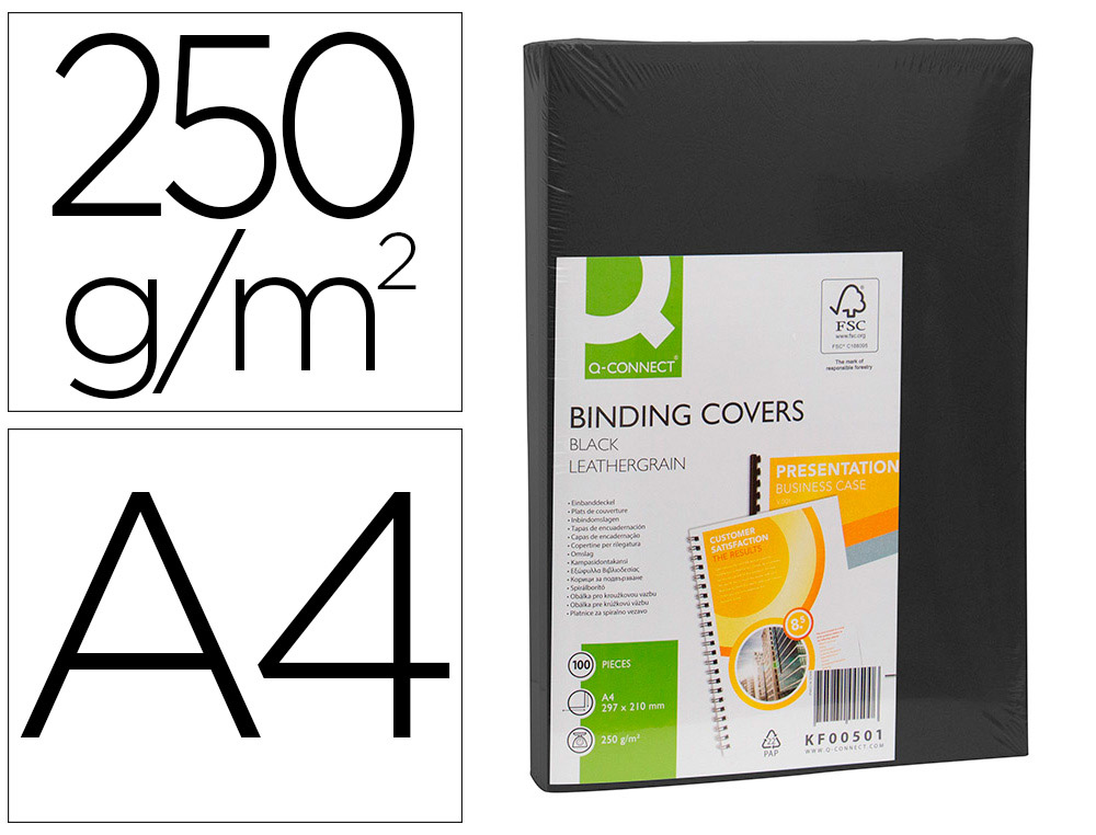 COUVERTURE Q-CONNECT CARTON 250G GRAIN CUIR POUR RELIURE FORMAT A4 COLORIS NOIR PAQUET 100 UNITÉS