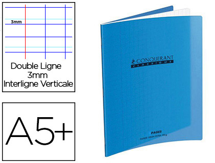 CAHIER PIQU CONQURANT CRITURE COUVERTURE PLASTIQUE SOUPLE A5+ 17X22CM 32 PAGES 90G 3 INTERLIGNES 10MM COLORIS BLEU