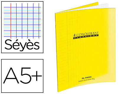 CAHIER PIQU CONQURANT CLASSIQUE COUVERTURE POLYPROPYLNE RIGIDE TRANSPARENTE A5+ 17X22CM 48 PAGES 90G SYS JAUNE
