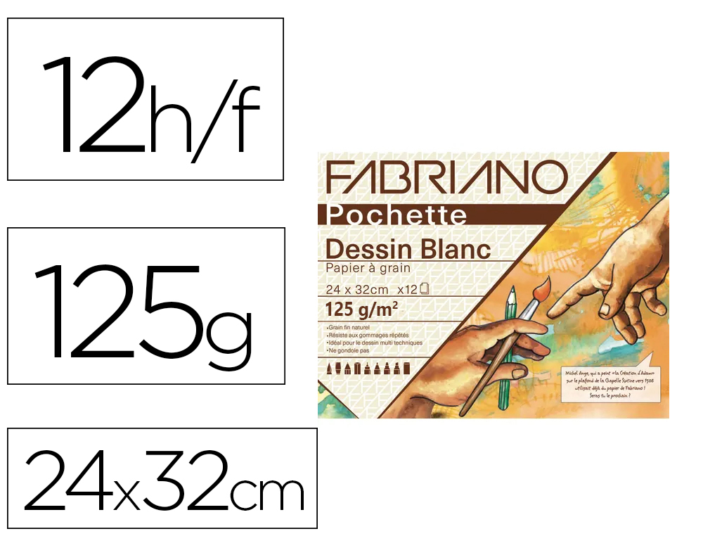 POCHETTE FABRIANO PAPIER A DESSIN A GRAIN 240X320MM 125G COLORIS BLANC 12 FEUILLES