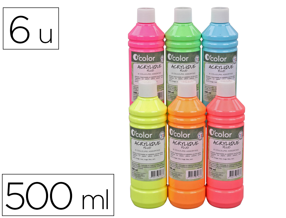 PEINTURE O'COLOR PAILLETEE 500 ML COLORIS FLUOS ASSORTIS COFFRET 6 BOUTEILLES