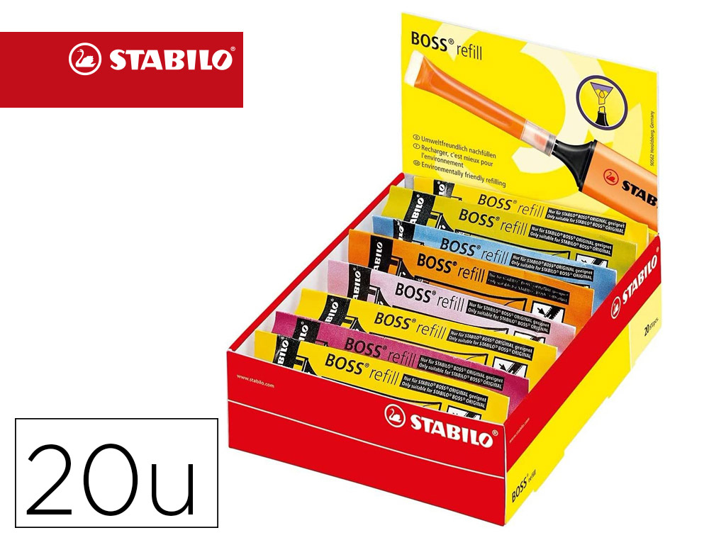 RECHARGE STABILO ENCRE SURLIGNEUR BOSS ORIGINAL/BOSS SPLAHS/GREEN BOSS BASE EAU COLORIS ASSORTIS BOITE 20 UNITES