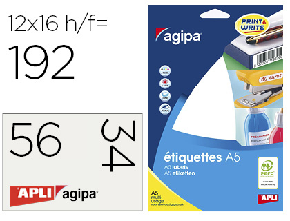 TIQUETTE ADHSIVE APLI AGIPA MULTI-USAGE 56X34MM LASER JET D'ENCRE FORMATS PARAMTRS TUI A5 192 UNITS