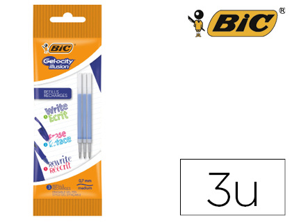 RECHARGE STYLO BIC GELOCITY ILLUSION ENCRE GEL EFFAABLE COLORIS BLEU POCHETTE DE 3 UNITS