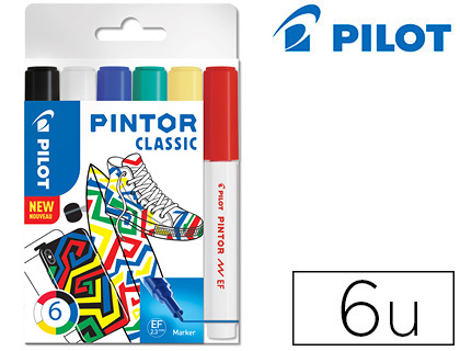MARQUEUR PILOT PINTOR SET REGULAR MIX POINTE EXTRA FINE COLORIS NOIR BLEU VERT JAUNE BLANC ROUGE POCHETTE 6 UNITS