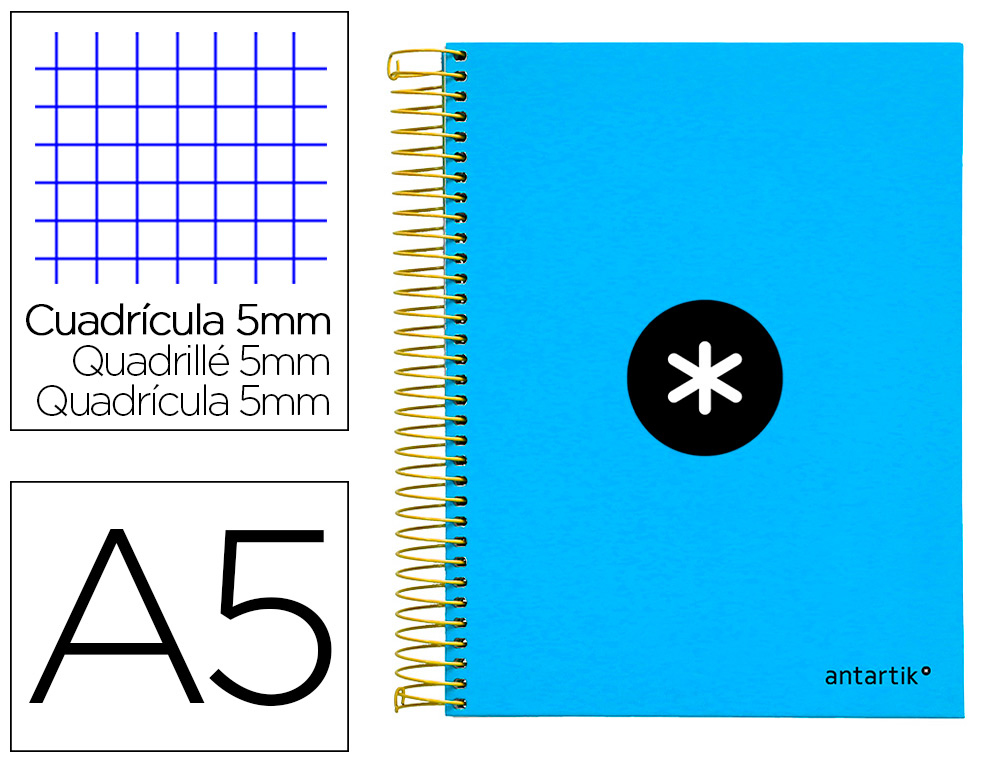 CAHIER SPIRALE LIDERPAPEL ANTARTIK A5 240P 90G COUVERTURE REMBORDE QUADRILLAGE 5MM 6 TROUS COIL-LOCK COLORIS BLEU