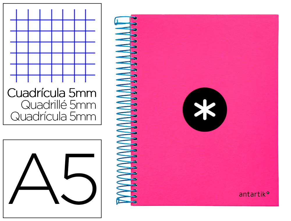 CAHIER SPIRALE LIDERPAPEL ANTARTIK A5 240P 100G COUVERTURE REMBORDE QUADRILLAGE 5MM 6 TROUS COIL-LOCK COLORIS ROSE FLUO
