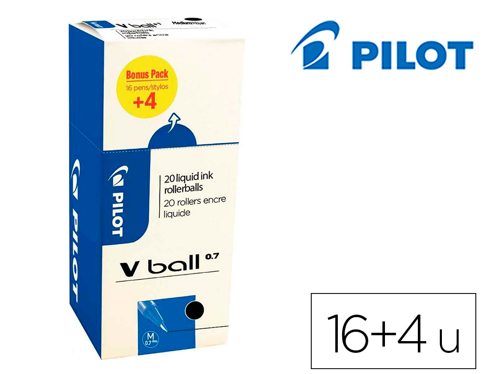 ROLLER PILOT VBALL 07 POINTE METAL CONIQUE ENCRE LIQUIDE   COLORIS NOIR PACK 16 + 4      GRATUITS