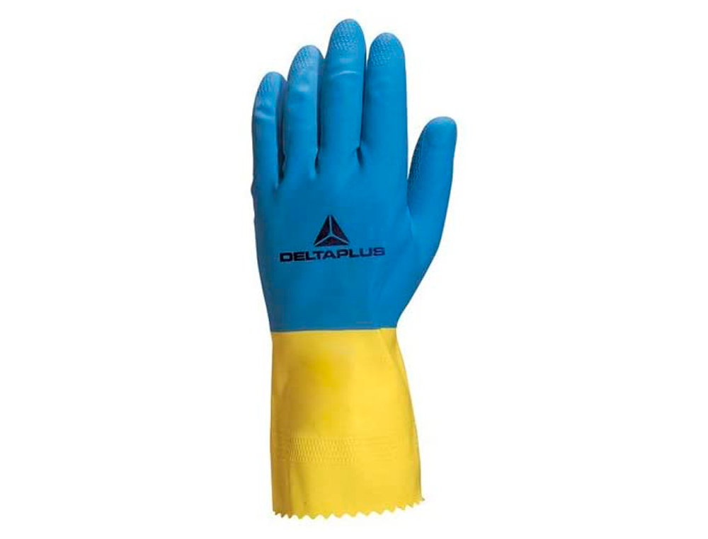 GANT MNAGE DELTAPLUS LATEX FLOQU LONGUEUR 30CM PAISSEUR 0.60MM COLORIS BLEU/JAUNE TAILLE 9/10 PAIRE