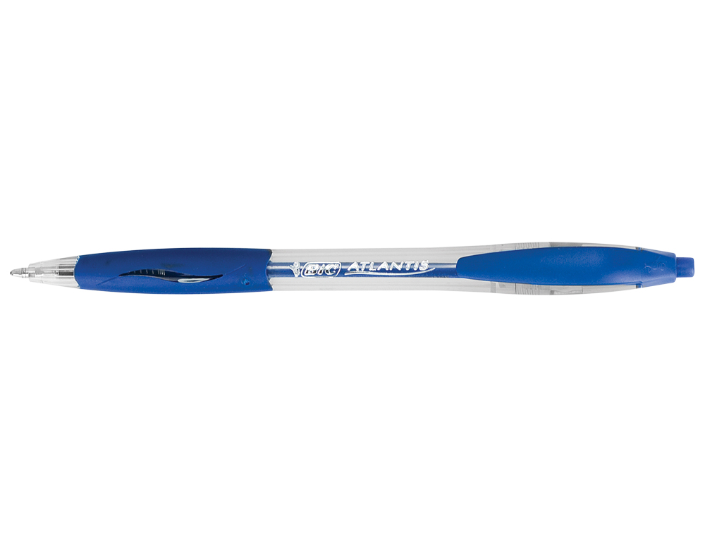 STYLO-BILLE BIC ATLANTIS ÉCRITURE MOYENNE 0.5MM ENCRE DOUCE BILLE RÉCTRACTABLE CORPS CRISTAL CLIP GRIP PRÉHENSION BLEU
