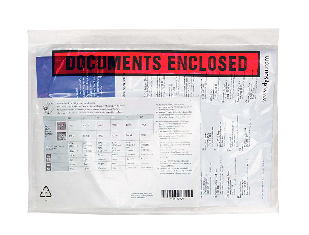 POCHETTE DOCUMENTS CI-INCLUS Q-CONNECT AUTO-ADHESIVE TRANSPARENTE 125X110MM TEXTE ANGLAIS PAQUET 100 UNITES