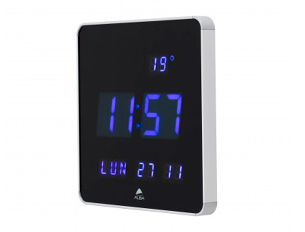 HORLOGE MURALE LED ALBA HORLEDSQ PLASTIQUE ABS CARRE 28X28CM SILENCIEUSE GRANDE LISIBILITE COLORIS NOIR/GRIS