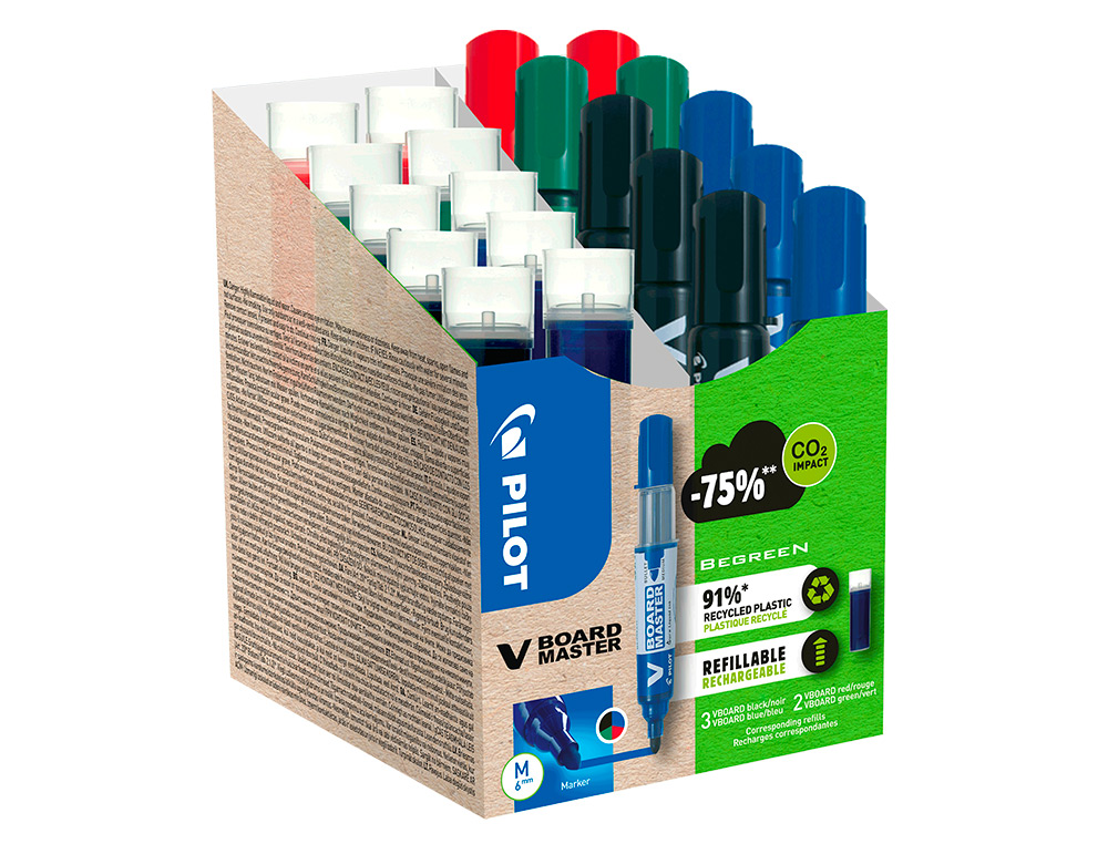 PACK PILOT V-BOARD MASTER 10 MARQUEURS EFFACABLES A SEC POINTE CONIQUE MOYENNE 10 RECHARGES 5 OFFERTES ASSORTIS