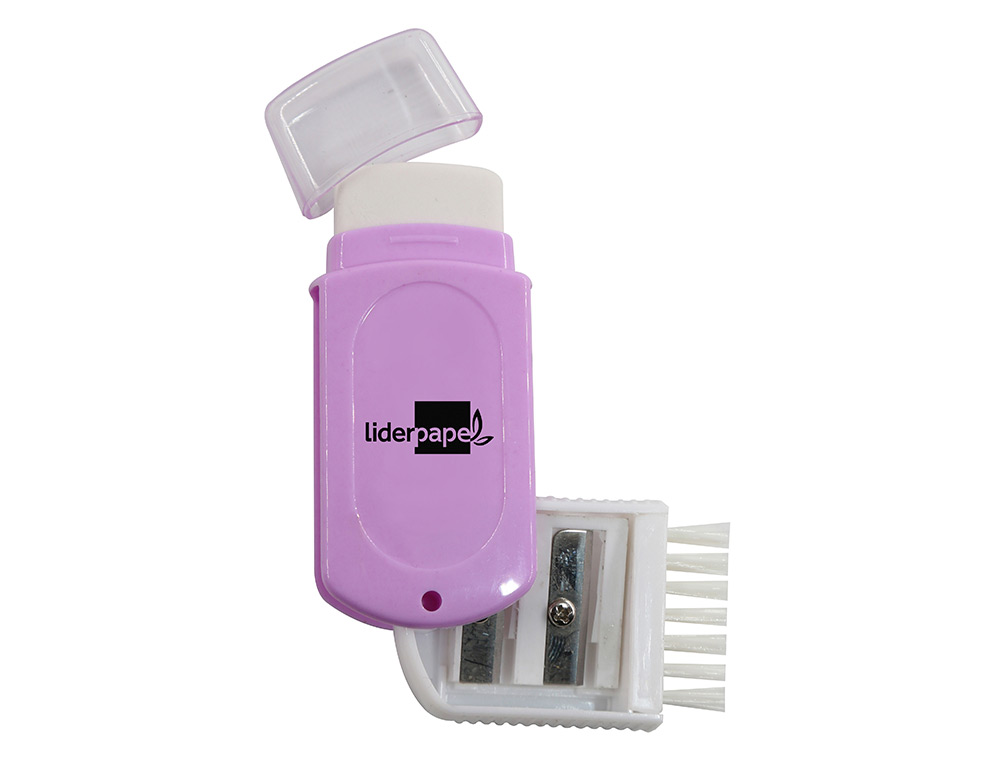 TAILLE-CRAYON LIDERPAPEL PLASTIQUE 2 USAGES AVEC GOMME SANS PVC ET BROSSE COLORIS ASSORTIS
