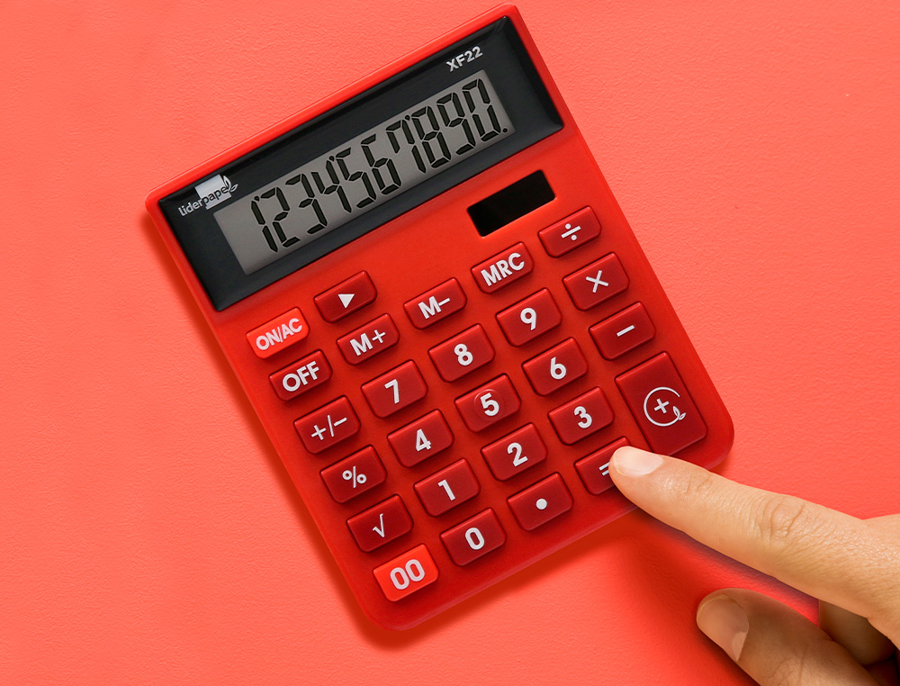 CALCULATRICE DE BUREAU LIDERPAPEL XF22 10 CHIFFRES SOLAIRE ET PILES 127X105X24 MM COLORIS ROUGE