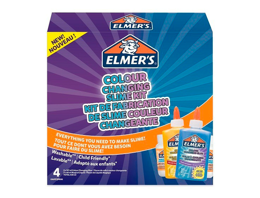 KIT POUR SLIME CHANGUEMENT COULEUR ELMER'S  COLLE /LIQUIDE MAGIQUE /ACTIVATEUR SLIME BLEU/VIOLET ET JAUNE/ROUGE