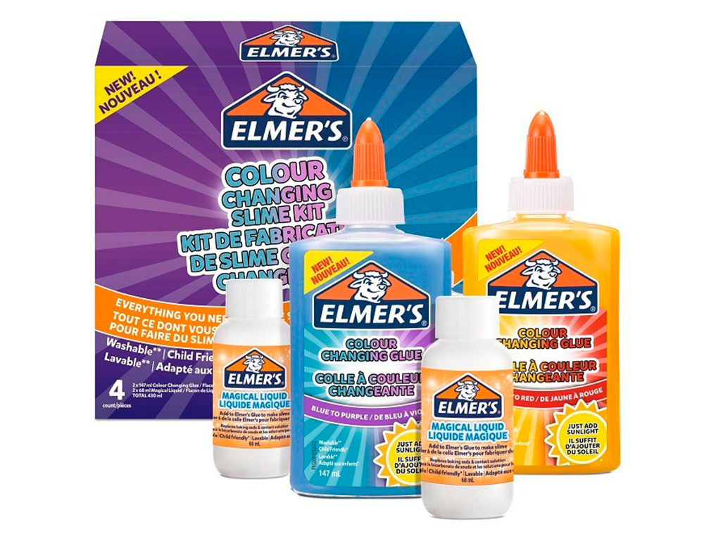 KIT POUR SLIME CHANGUEMENT COULEUR ELMER'S  COLLE /LIQUIDE MAGIQUE /ACTIVATEUR SLIME BLEU/VIOLET ET JAUNE/ROUGE