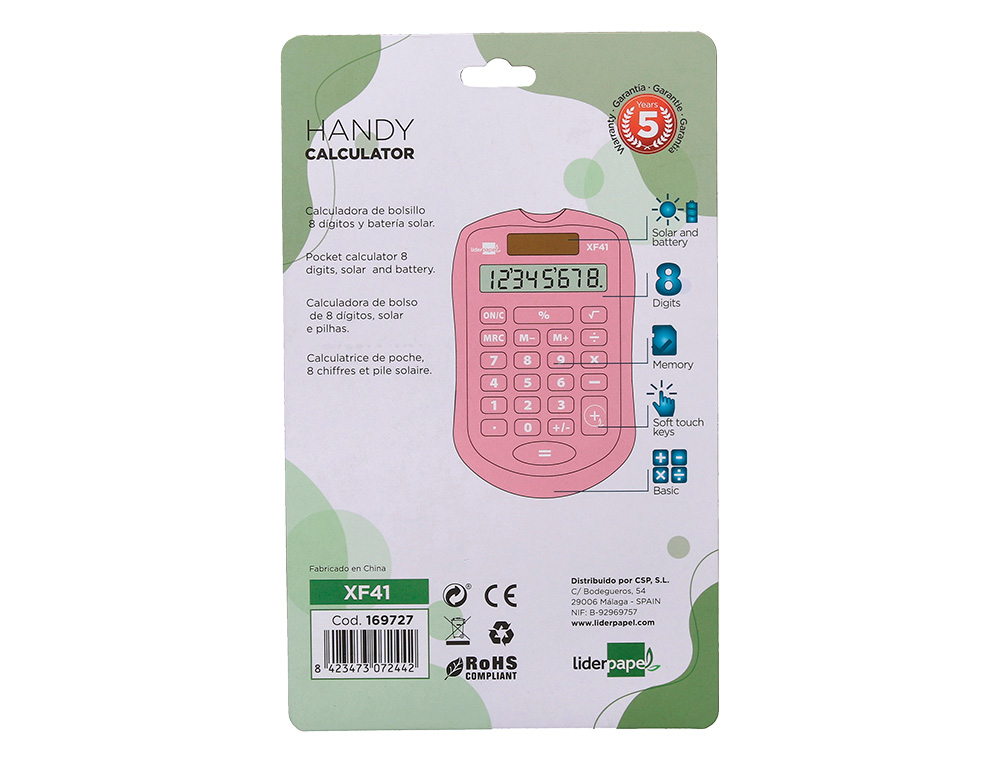 CALCULATRICE DE POCHE LIDERPAPEL XF41 8 CHIFFRES SOLAIRE ET PILES 94X59,5X10,5MM COLORIS ROSE