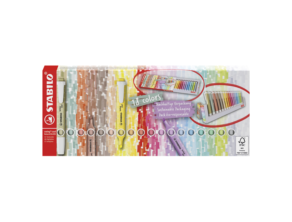 SURLIGNEUR STABILO SWING COOL NATURECOLORS POINTE BISEAUTEE LARGEUR TRACE 1/4MM COLORIS ASSORTIS PACK CHEVALET 18 UNI