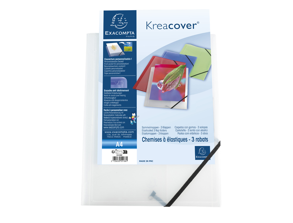 CHEMISE 3 RABATS EXACOMPTA KREA COVER A4 COUVERTURE      PERSONNALISABLE PP            TRANSPARENT COLORIS BLANC