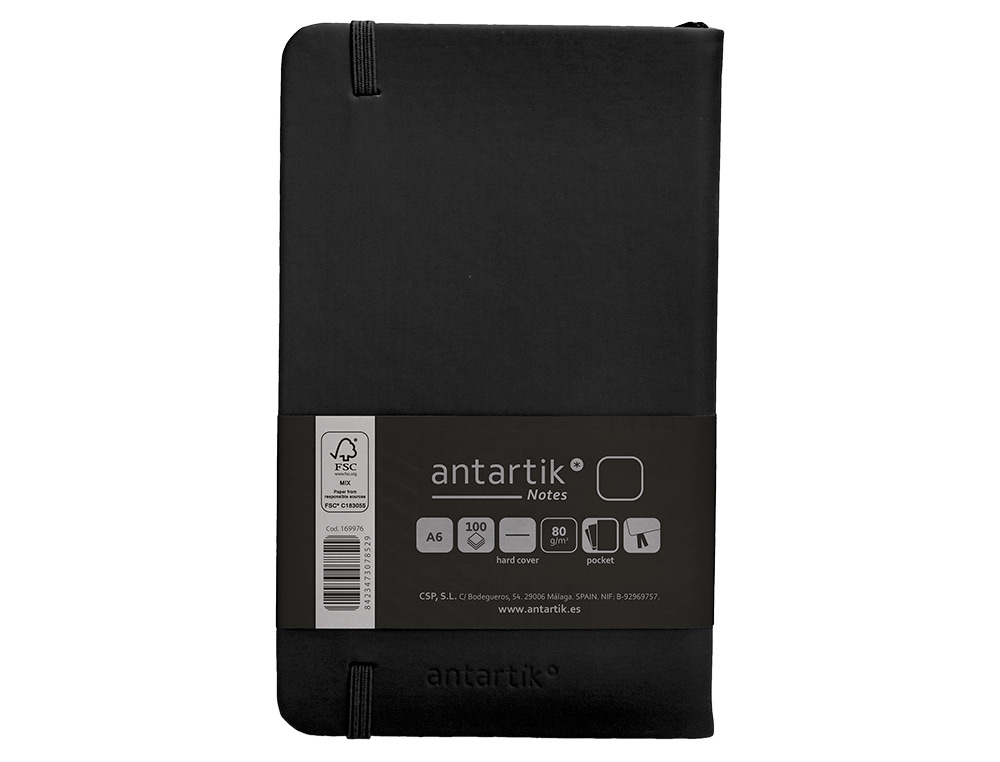 CARNET A6 ANTARTIK NOTES PAPIER UNI IVOIRE COUVERTURE RIGIDE FERMETURE ELASTIQUE 100PAGES 80GR COLORIS NOIR