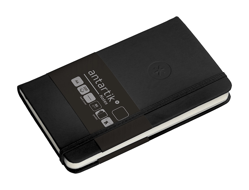 CARNET A6 ANTARTIK NOTES PAPIER UNI IVOIRE COUVERTURE RIGIDE FERMETURE ELASTIQUE 100PAGES 80GR COLORIS NOIR