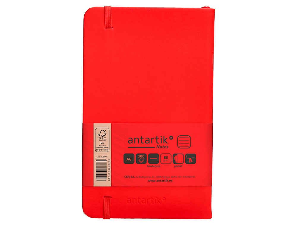 CARNET A6 ANTARTIK NOTES LIGNECOUVERTURE RIGIDE FERMETURE ELASTIQUE 100 PAGES 80GR COLORIS ROUGE