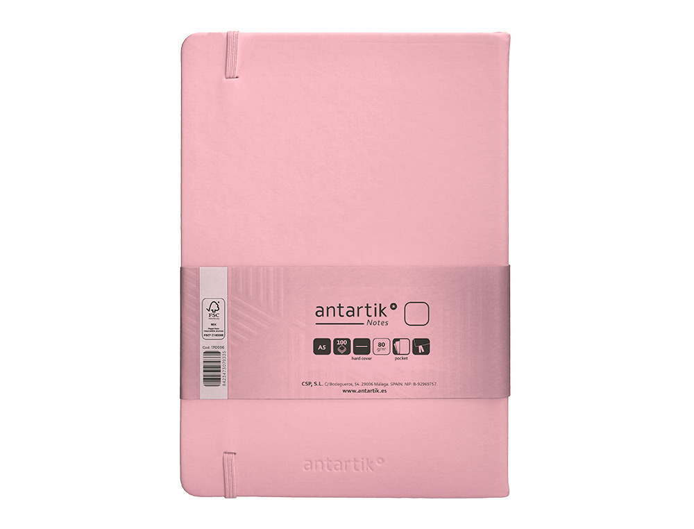 CARNET A5 ANTARTIK NOTES PAPIER UNI IVOIRE COUVERTURE RIGIDE FERMETURE ELASTIQUE 200PAGES 80GR COLORIS ROSE PASTEL