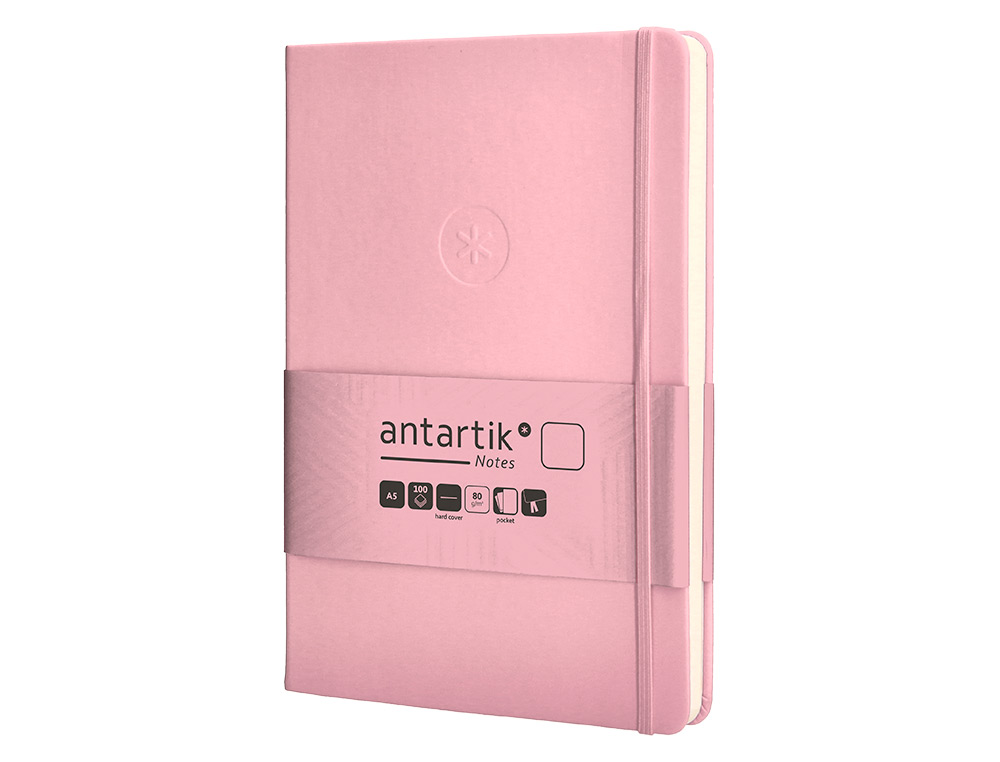 CARNET A5 ANTARTIK NOTES PAPIER UNI IVOIRE COUVERTURE RIGIDE FERMETURE ELASTIQUE 200PAGES 80GR COLORIS ROSE PASTEL