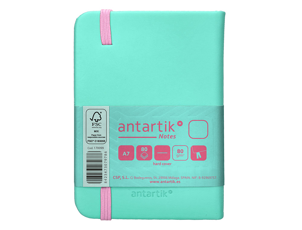 CARNET A7 ANTARTIK NOTES PAPIER UNI IVOIRE COUVERTURE RIGIDE FERMETURE ELASTIQUE ROSE 80 PAGES 80GR COLORIS TURQUOISE
