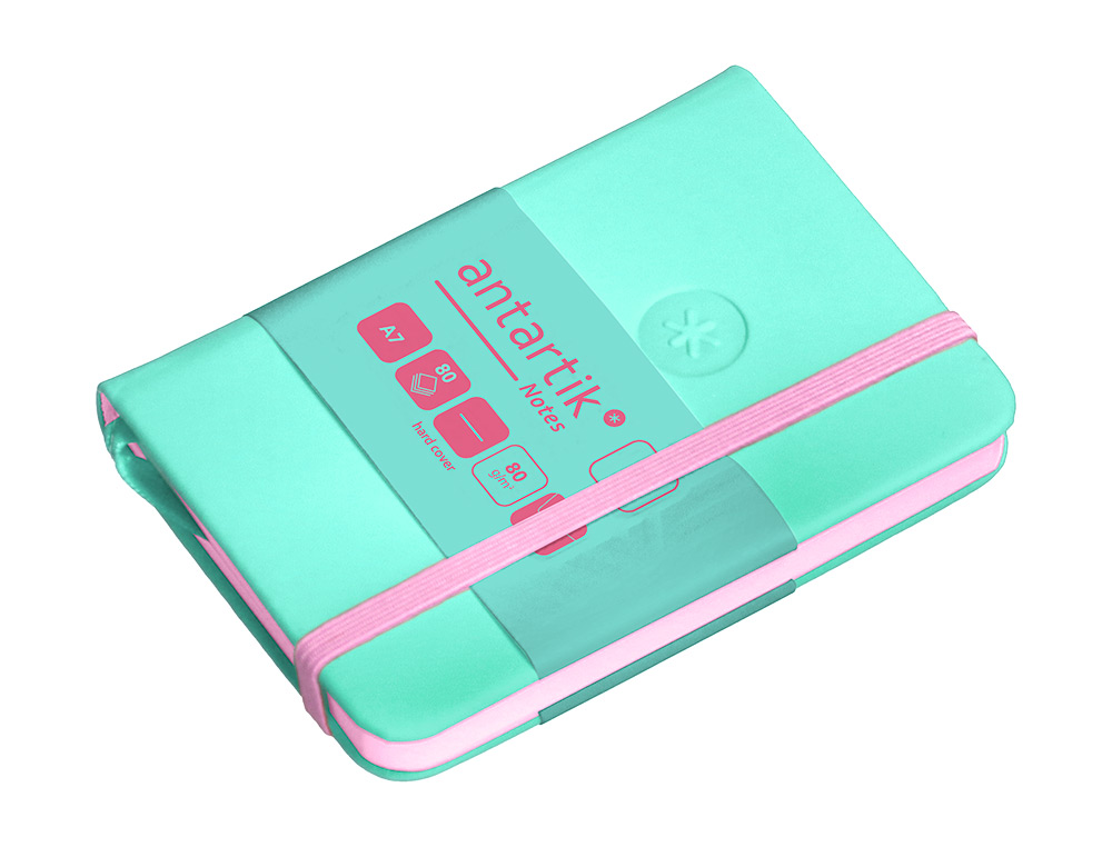 CARNET A7 ANTARTIK NOTES PAPIER UNI IVOIRE COUVERTURE RIGIDE FERMETURE ELASTIQUE ROSE 80 PAGES 80GR COLORIS TURQUOISE