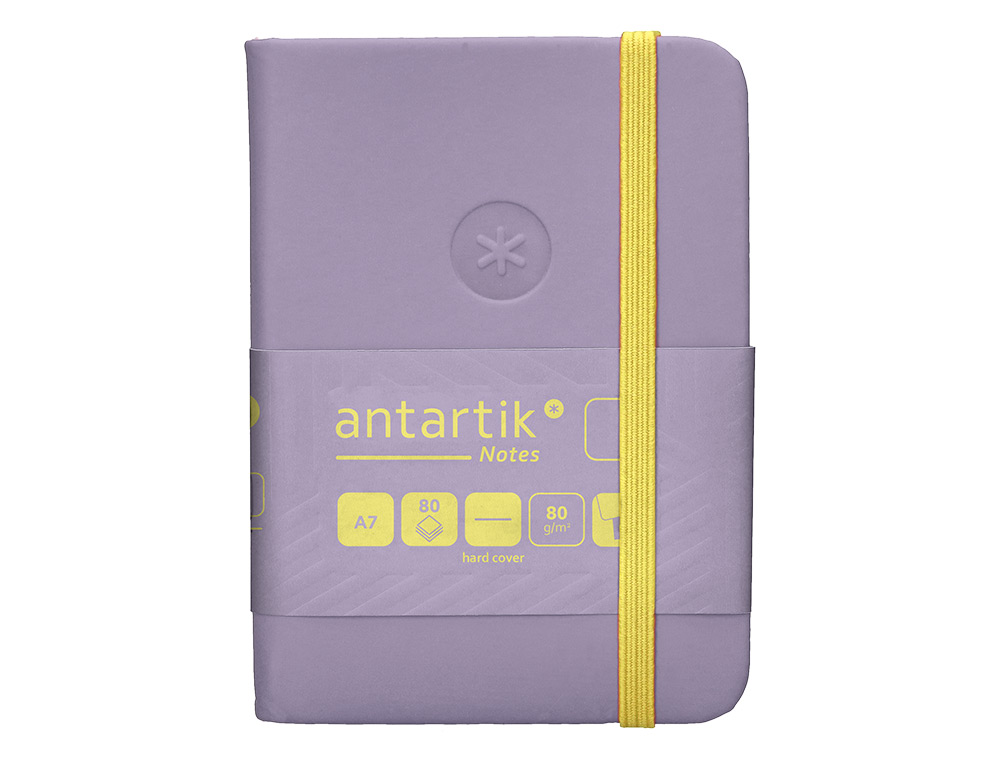 CARNET A7 ANTARTIK NOTES PAPIER UNI IVOIRE COUVERTURE RIGIDE FERMETURE ELASTIQUE JAUNE 80 PAGES 80GR COLORIS LILAS